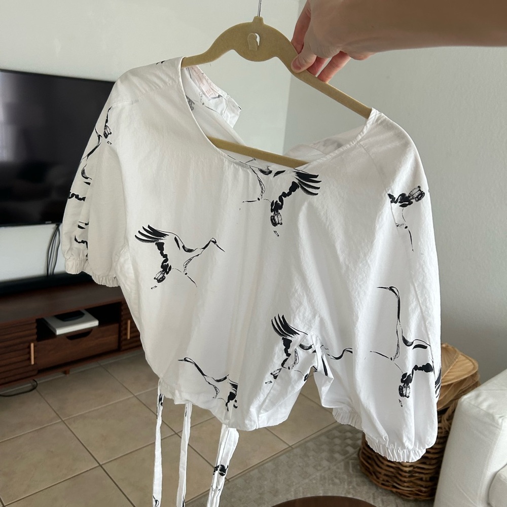 ZARA Crop Puff sleeve tie shirt Medium